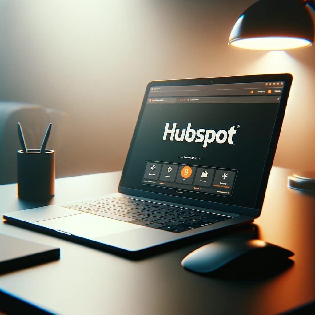 DALL·E 2024-03-16 11.38.13 - Imagine a simple yet elegant image of a modern laptop on a sleek desk. The laptop screen prominently displays the HubSpot logo and interface, symboliz.jpeg